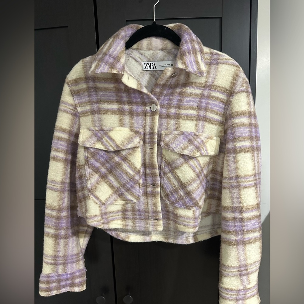 ZARA ZW WOMAN PLAID LILAC SHACKET JACKET CROPPED XS